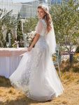 Romantic Shimmery V Neck Ruffle Sleeves Maxi Long Evening Gowns – White