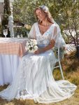 Romantic Shimmery V Neck Ruffle Sleeves Maxi Long Evening Gowns – White