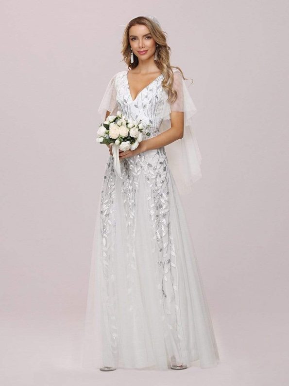 Romantic Shimmery V Neck Ruffle Sleeves Maxi Long Evening Gowns - White