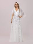 Romantic Shimmery V Neck Ruffle Sleeves Maxi Long Evening Gowns – White