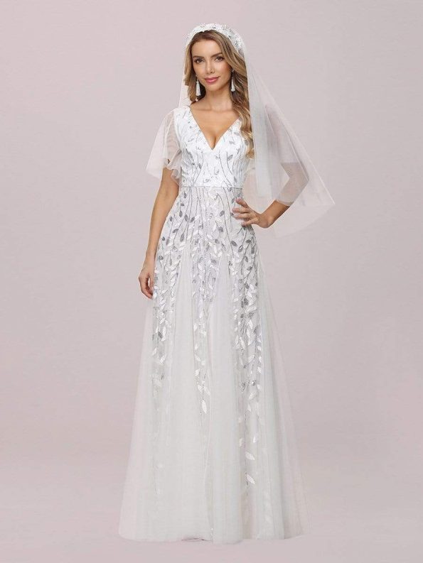 Romantic Shimmery V Neck Ruffle Sleeves Maxi Long Evening Gowns - White