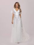 Romantic Shimmery V Neck Ruffle Sleeves Maxi Long Evening Gowns – White