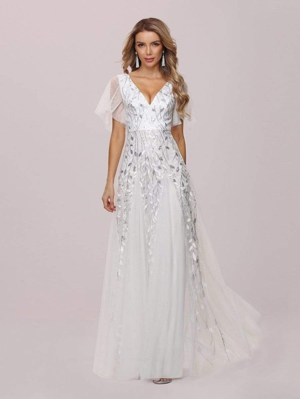 Romantic Shimmery V Neck Ruffle Sleeves Maxi Long Evening Gowns - White