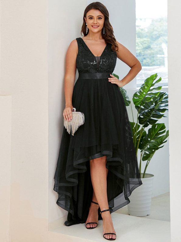 Plus Size High-Low Deep V Neck Tulle Evening Dresses with Sequins - Black