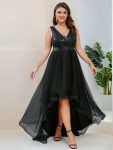 Plus Size High-Low Deep V Neck Tulle Evening Dresses with Sequins – Black