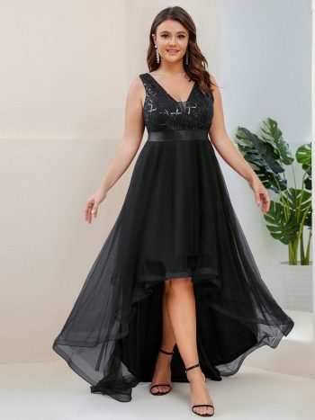 Plus Size High-Low Deep V Neck Tulle Evening Dresses with Sequins - Black