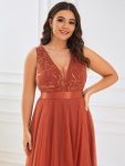 Plus Size High-Low Deep V Neck Tulle Evening Dresses with Sequins – Burnt Orange