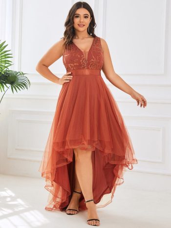 Plus Size High-Low Deep V Neck Tulle Evening Dresses with Sequins - Burnt Orange