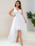 Plus Size High-Low Deep V Neck Tulle Evening Dresses with Sequins - Cream