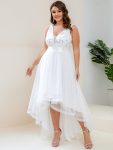 Plus Size High-Low Deep V Neck Tulle Evening Dresses with Sequins – Cream