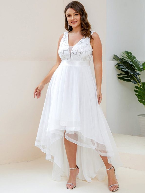 Plus Size High-Low Deep V Neck Tulle Evening Dresses with Sequins - Cream