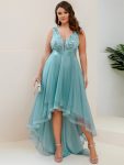 Plus Size High-Low Deep V Neck Tulle Evening Dresses with Sequins – Dusty Blue