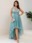 Plus Size High-Low Deep V Neck Tulle Evening Dresses with Sequins – Dusty Blue