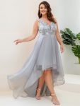 Plus Size High-Low Deep V Neck Tulle Evening Dresses with Sequins – Grey