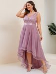 Plus Size High-Low Deep V Neck Tulle Evening Dresses with Sequins – Purple Orchid