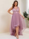 Plus Size High-Low Deep V Neck Tulle Evening Dresses with Sequins – Purple Orchid