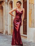 Sexy Sequin Backless Fishtail Evening Gowns for Women – Burgundy