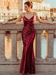 Sexy Sequin Backless Fishtail Evening Gowns for Women – Burgundy