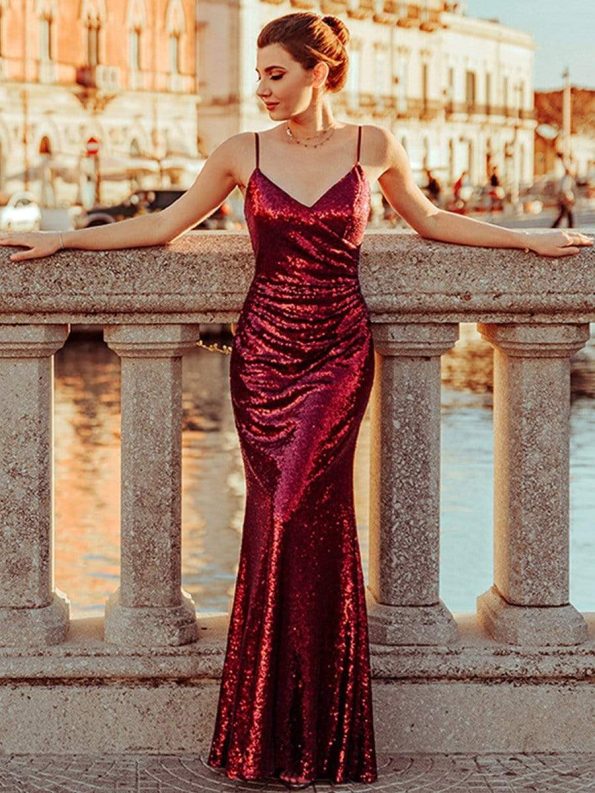 Sexy Sequin Backless Fishtail Evening Gowns for Women - Burgundy