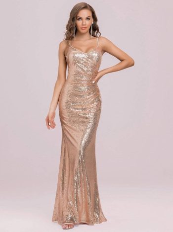 Sexy Sequin Backless Fishtail Evening Gowns for Women - Rose Gold