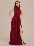 Chiffon Halter Straps Sleeveless Pleated A-Line High Slit Maxi Bridesmaid Dress - Burgundy