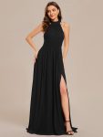 Chiffon Halter Straps Sleeveless Pleated A-Line High Slit Maxi Bridesmaid Dress – Black