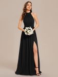 Chiffon Halter Straps Sleeveless Pleated A-Line High Slit Maxi Bridesmaid Dress – Black