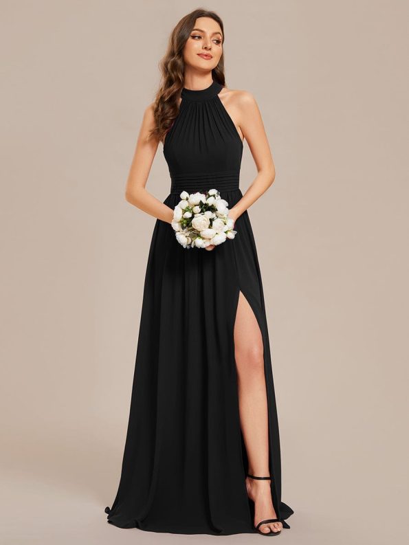 Chiffon Halter Straps Sleeveless Pleated A-Line High Slit Maxi Bridesmaid Dress - Black