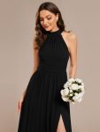 Chiffon Halter Straps Sleeveless Pleated A-Line High Slit Maxi Bridesmaid Dress – Black