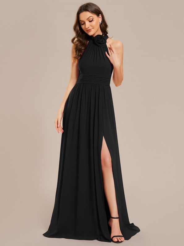 Chiffon Halter Straps Sleeveless Pleated A-Line High Slit Maxi Bridesmaid Dress - Black