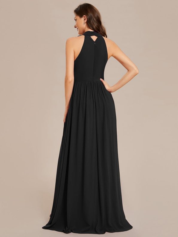 Chiffon Halter Straps Sleeveless Pleated A-Line High Slit Maxi Bridesmaid Dress - Black