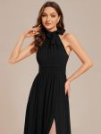 Chiffon Halter Straps Sleeveless Pleated A-Line High Slit Maxi Bridesmaid Dress – Black