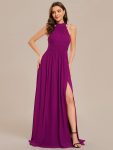 Chiffon Halter Straps Sleeveless Pleated A-Line High Slit Maxi Bridesmaid Dress – Fuchsia