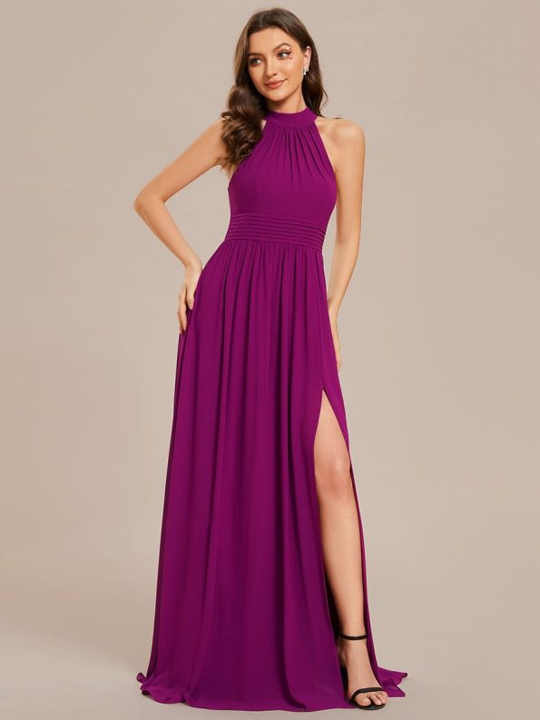 Chiffon Halter Straps Sleeveless Pleated A-Line High Slit Maxi Bridesmaid Dress - Fuchsia