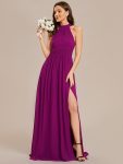 Chiffon Halter Straps Sleeveless Pleated A-Line High Slit Maxi Bridesmaid Dress – Fuchsia