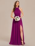 Chiffon Halter Straps Sleeveless Pleated A-Line High Slit Maxi Bridesmaid Dress – Fuchsia