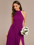 Chiffon Halter Straps Sleeveless Pleated A-Line High Slit Maxi Bridesmaid Dress – Fuchsia