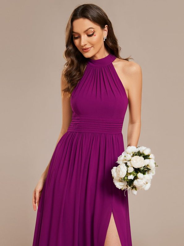 Chiffon Halter Straps Sleeveless Pleated A-Line High Slit Maxi Bridesmaid Dress - Fuchsia