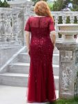 Floral Sequin Maxi Fishtail Tulle Prom Dress with Short Sleeve – Burgundy