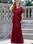 Floral Sequin Maxi Fishtail Tulle Prom Dress with Short Sleeve – Burgundy