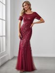 Floral Sequin Maxi Fishtail Tulle Prom Dress with Short Sleeve – Burgundy