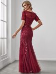 Floral Sequin Maxi Fishtail Tulle Prom Dress with Short Sleeve – Burgundy