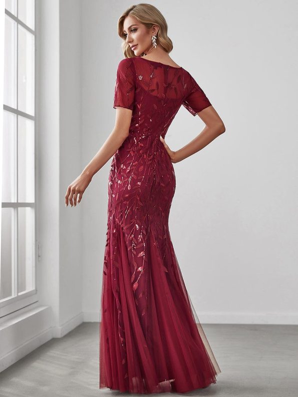 Floral Sequin Maxi Fishtail Tulle Prom Dress with Short Sleeve - Burgundy