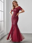 Floral Sequin Maxi Fishtail Tulle Prom Dress with Short Sleeve – Burgundy