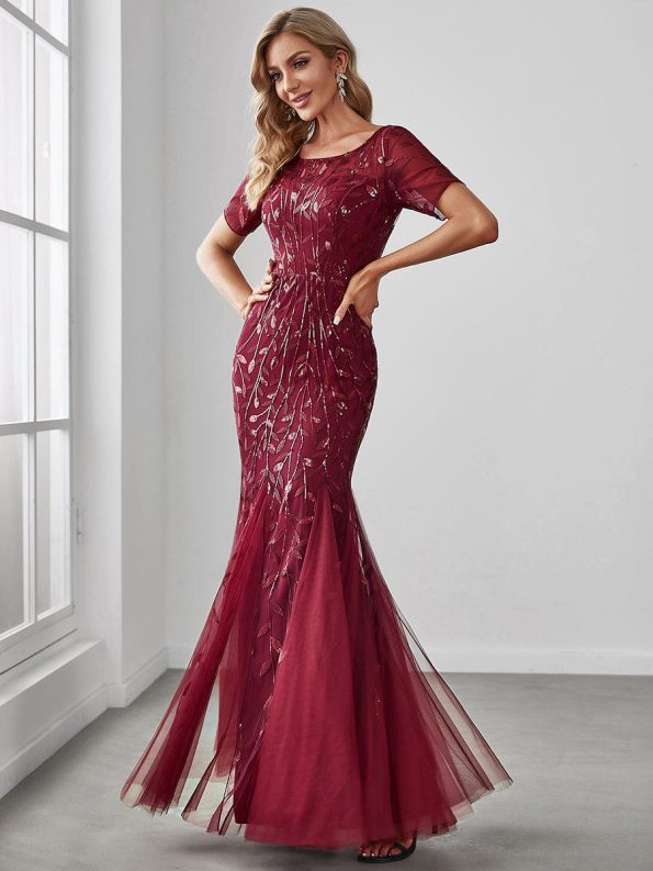 Floral Sequin Maxi Fishtail Tulle Prom Dress with Short Sleeve - Burgundy