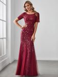 Floral Sequin Maxi Fishtail Tulle Prom Dress with Short Sleeve – Burgundy