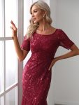 Floral Sequin Maxi Fishtail Tulle Prom Dress with Short Sleeve – Burgundy