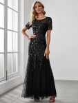 Floral Sequin Maxi Fishtail Tulle Prom Dress with Short Sleeve – Black