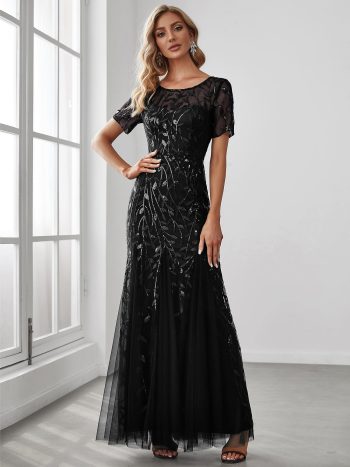 Floral Sequin Maxi Fishtail Tulle Prom Dress with Short Sleeve - Black