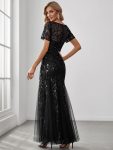 Floral Sequin Maxi Fishtail Tulle Prom Dress with Short Sleeve – Black